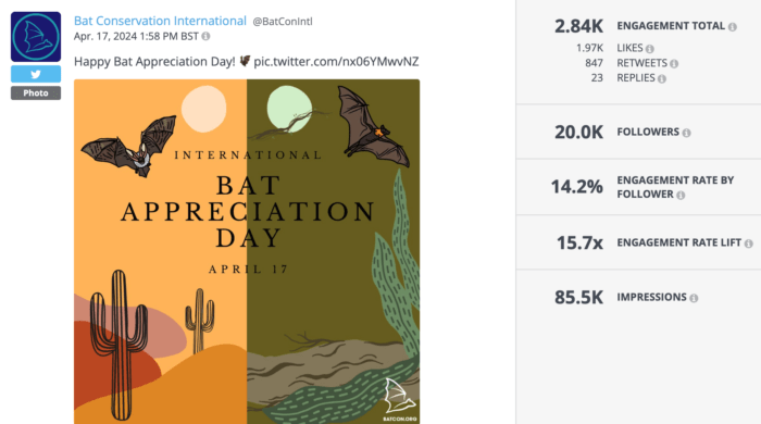 Nonprofit Twitter post by Bat Conservation International for Bat Appreciation Day, generating 2.84K engagements, including 1.97K likes and 847 retweets.